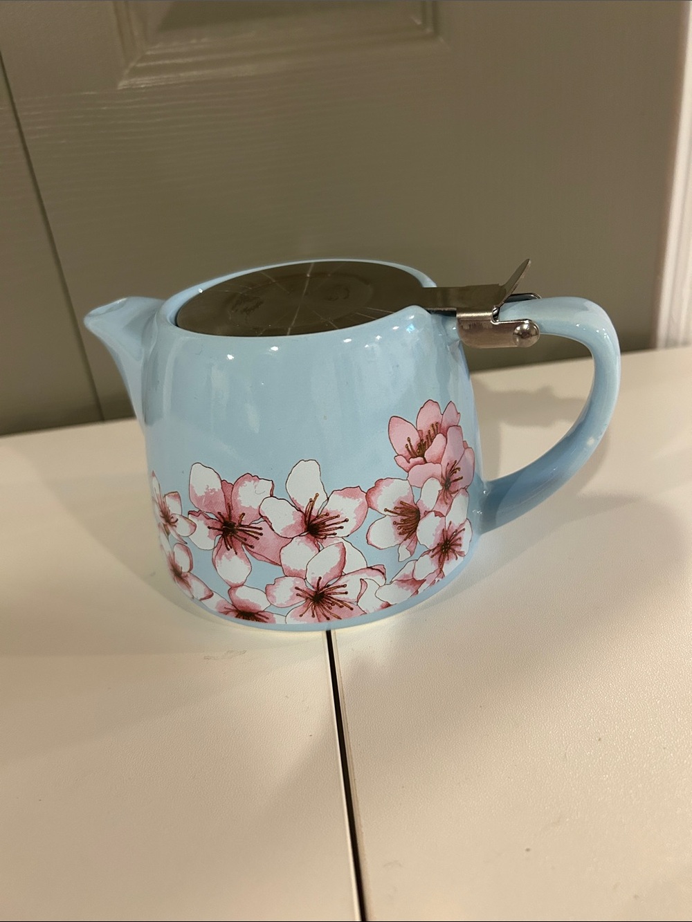 Blue Floral Ceramic Cherry Blossom Tea Pot with Infuser
